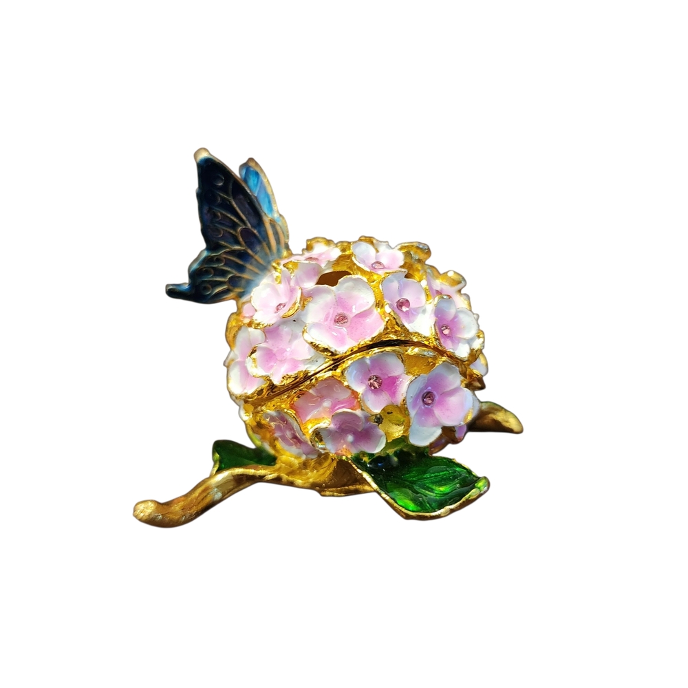 Flower Ball w/ Butterfly Trinket Jewelry Proposal Ring Box Rhinestone Enamel